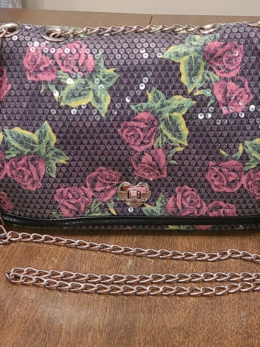 Betsey Johnson Pink Rose Sequin Crossbody with Gold Chain